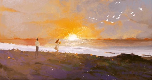 couple moment with sea view sunset original painting digital art illustration 