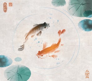 black and red koi carps elegantly swimming in a tranquil pond on vintage background. symbolizing balance and beauty in nature. hieroglyph - double luck