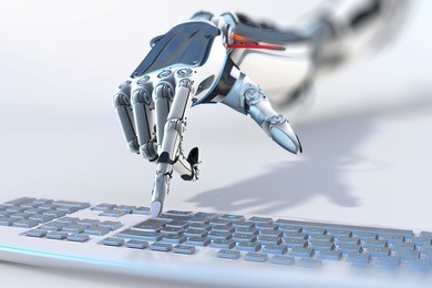 robotic arm working with computer keyboard closeup image
