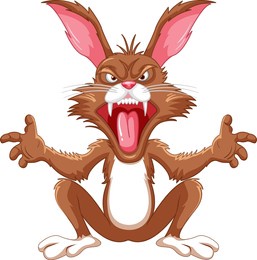 a brown vector cartoon illustration of a crazy rabbit sitting with sharp teeth, isolated on a white background