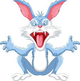 a vector cartoon illustration of a crazy rabbit sitting with sharp teeth, isolated on a white background