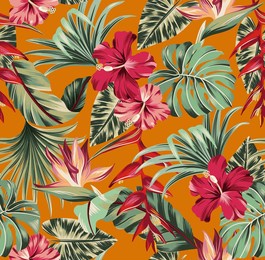 vector seamless pattern exotic   wallpaper of tropical flowers  green leaves of palm trees and flowers bird of paradise, hibiscus, artwork for fabrics, souvenirs, packaging, greeting cards 