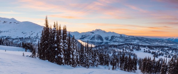 winter landscape in canadian mountain landscape. colorful sunrise sky art render. garibaldi, whistler, bc, canada.