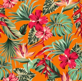 vector wallpaper of tropical flowers  green leaves of palm trees and flowers bird of paradise, hibiscus, artwork for fabrics, souvenirs, packaging, greeting cards 