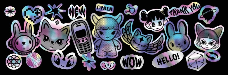 holograph u2k sticker set, cyber holo hologram icon pack, vector space neon foil retro acid badge. futuristic cute character, hype cd effect tag, kawaii cat eyes clipart. metal holograph sticker