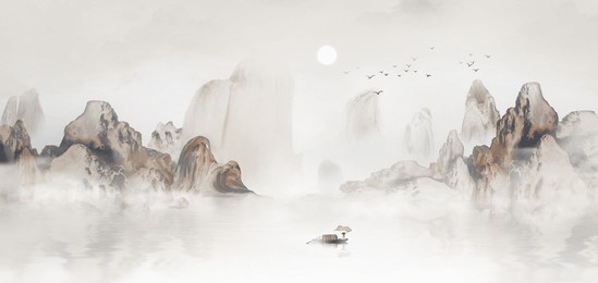 chinese style hand drawn landscape painting with artistic conception