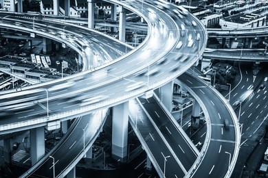 shanghai elevated road junction and interchange overpass at night