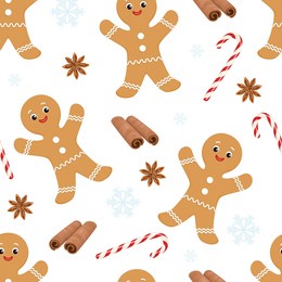 christmas background with gingerbread man, candy cane, anise star and cinnamon sticks on white. vector seamless pattern. vector cartoon winter illustration.