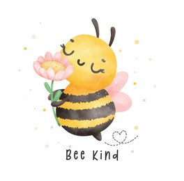 cute baby honey bee with flower watercolor cartoon character hand painting illustration vector. bee happy