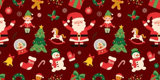 vector christmas seamless pattern with santa claus, elf, gingerbread man
