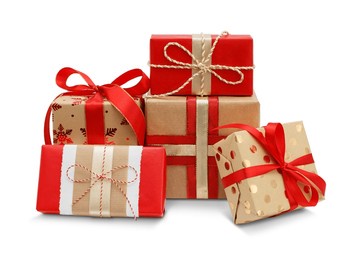 gift boxes with the red ribbons in eco paper isolated on the white background