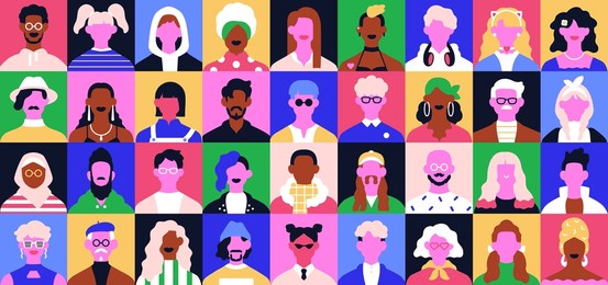 creative face avatars set. abstract male, female characters in modern trendy style. colorful quirky head portraits, group. diverse stylish people, fashion men, women. colored flat vector illustration