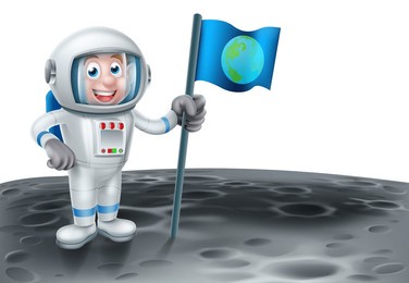 an illustration of a cartoon astronaut holding a flag on the moon or an alien planet