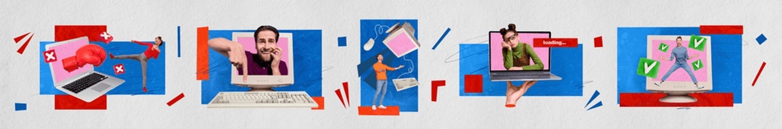 creative collage image of panorama collection working process career computer office workplace freelance billboard comics zine minimal