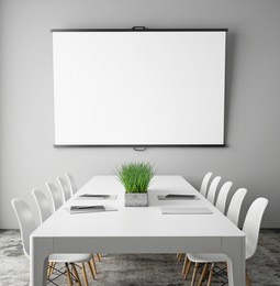 mock up projection screen in meeting room with conference table, hipster interior background, 3d render