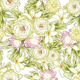 abstract seamless pattern with plants, herbs and flowers, botanical illustration.