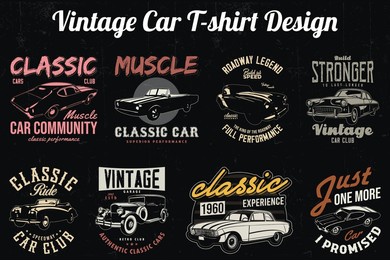 vintage car t-shirts designs bundle. american old cars vector tee shirt prints.