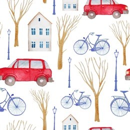 watercolor retro town pattern. seamless texture with buildings, trees, lamps, vintage cars and bicycles. artistic background 