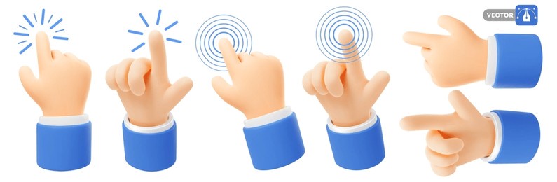 set of 3d realistic icon of hand which touch surface or screen, click the button or points to something with the index finger. touchscreen gesture. isolated vector illustration
