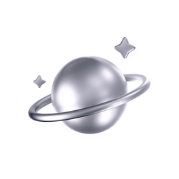 3d chrome galaxy planet icon with stars in y2k style isolated on white background. render of 3d silver metal planet emoji with shiny gradient effect. 3d vector y2k illustration