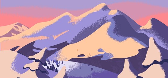 winter mountain landscape. rock range covered by snow in sunrise rays, ice hill peak in sunset light. downhill altitude, snowy alps summit panorama. north nature background. flat vector illustration