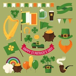 set of vector modern flat design decoration items on happy saint patrick's day featuring ireland flag, harp, clover leaves, leprechaun hat, red beard, pot of gold, rainbow, balloons and more