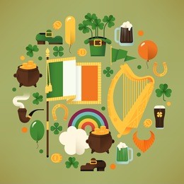 set of vector modern flat design circle composition on saint patrick's day featuring ireland flag, harp, clover leaves, leprechaun hat, red beard, pot of gold, rainbow, balloons and more