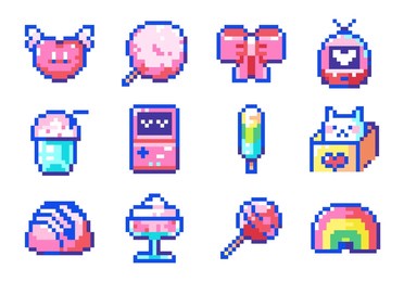 pixel art cute valentine day icons. 8bit style digital stickers featuring pixelated desserts and treats - pink cotton candy, ice cream, popsicles, cakes, cat, rainbow, y2k retro game console, lollipo,