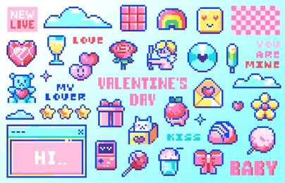 pixel art valentine's day sticker set. 8bit retro game elements like hearts, rose flower, gifts, toys, love messages, sweets, old computer, game console, candies, cat, cupid, vector y2k graphic pack. 