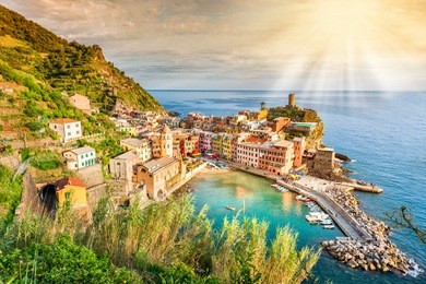 scenic view of ocean and harbor in colorful village vernazza, cinque terre, italy