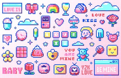 pixel art love and romantic icons. 8 bit style stickers of pixelated valentine's day y2k stuff - 2000s game consoles, cupid with wings, hearts emoji, toys, sweets, desktop elements, test messages.