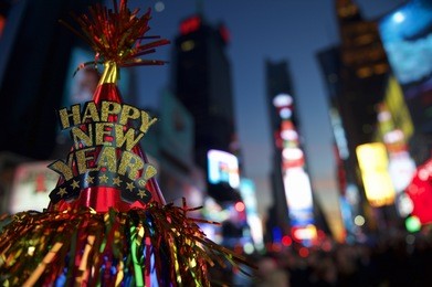 happy new year hat with colorful decoration in times square new york city
