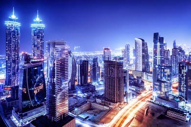 dubai downtown night scene, uae, beautiful modern buildings, bright glowing lights, luxurious travel and tourism 