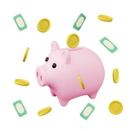 piggy bank and money, volume render 3d vector illustration isolated on white background. cute pink toy pig, bills and coins, realistic objects for design. rendering isometric icons. finance concept