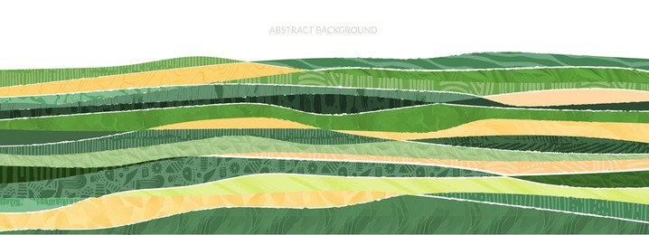 abstract farm field collage background. agro land backdrop, farmland landscape vector illustration with texture. oriental decorative banner, eco design, green rural panorama, ecology art header