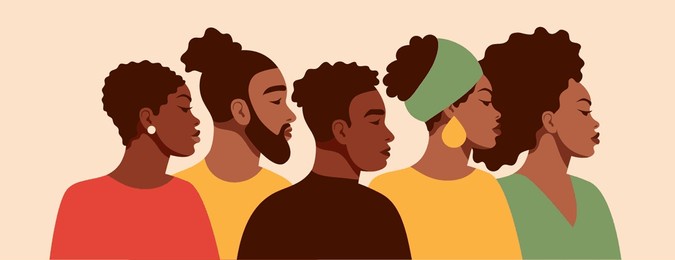 a group portrait of black people. african american men and women. black history month. cartoon, flat, vector illustration