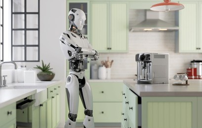 robot assistant cooking coffee in a kitchen. 3d illustration