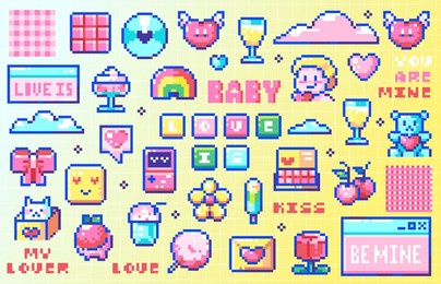 pixel art y2k cute stickers set. 8bit retro game hearts, cupid, sweets, bow, toys, gifts, ice cream, baby angels, music discs, favorite cute elements. vector 90s desktop pack for happy valentine's day