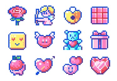 pixel art pink love and valentine's day hearts icons. 8 bit style stickers of 8bit pixel heart, flower, sweet desserts, strawberry, plus bear toy, gift box, heart crystal jewel, cute heart lock