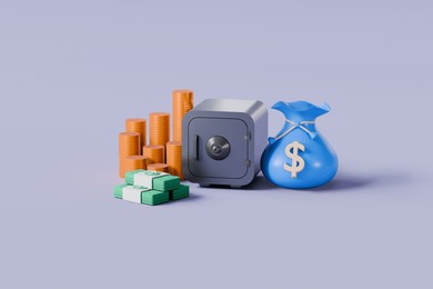 3d safe box icon with coins stack and money bag on ground isolated on blue background, cash, growth money, financial security. money saving concept. metallic material. 3d rendering .3d illustration.