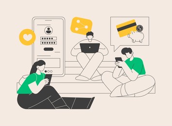 generation z abstract concept vector illustration. hyper-connected world, childhood with tablet, mobile device, social media, mobile banking, personal finance, young people abstract metaphor.