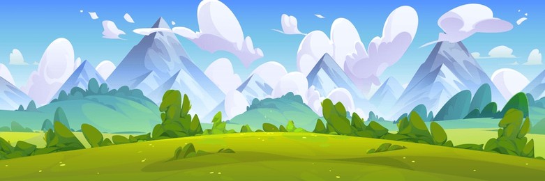 summer natural landscape with green grass, bushes and trees on meadow in foot of high mountains. cartoon vector panoramic scenery with grassland near hills, blue sky with clouds. countryside scene.