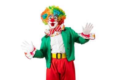 funny clown. entertainer joker in colorful suit and wig. buffoon with clown whiteface makeup. trickster, jester, pantomime, mime. professional actor at event, kids party, circus
