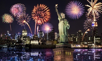 manhattan skyline, the statue of liberty fireworks at night, new york city