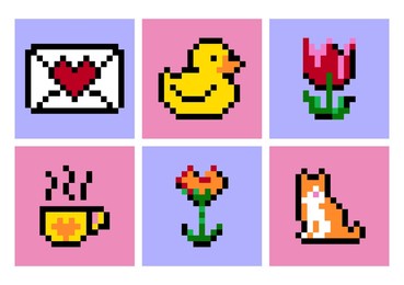 pixels y2k trendy stickers, cute abstract elements, minimal graphic design, 8 bit, gamification, pixel art, flower, cat, duck.