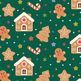 seamless pattern with cute christmas gingerbread cookies. gingerbread man, christmas tree, gingerbread house and gingerbread cookies on a green background. vector illustration 