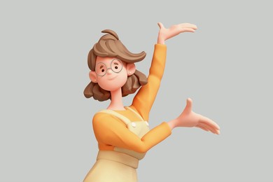 portrait of cute kawaii positive excited smiling asian active k-pop chef girl wears fashion casual clothes overalls, orange t-shirt shows empty copy space on open hand palm for text. 3d pastel render.