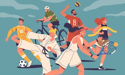 athletes of summer sports. male and female characters soccer or basketball player, runner, karate, tennis and bicyclist