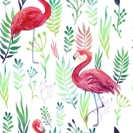 tropical seamless pattern with flamingos. repeating texture with palm leaves, watercolor plants and hand drawn flamingo. vector summer background