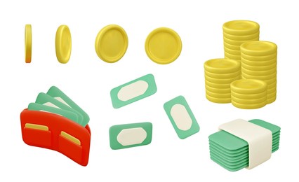 money, set of 3d vector illustration isolated on white background, volume render. bills and coins, realistic objects for design. rendering isometric icons. finance concept